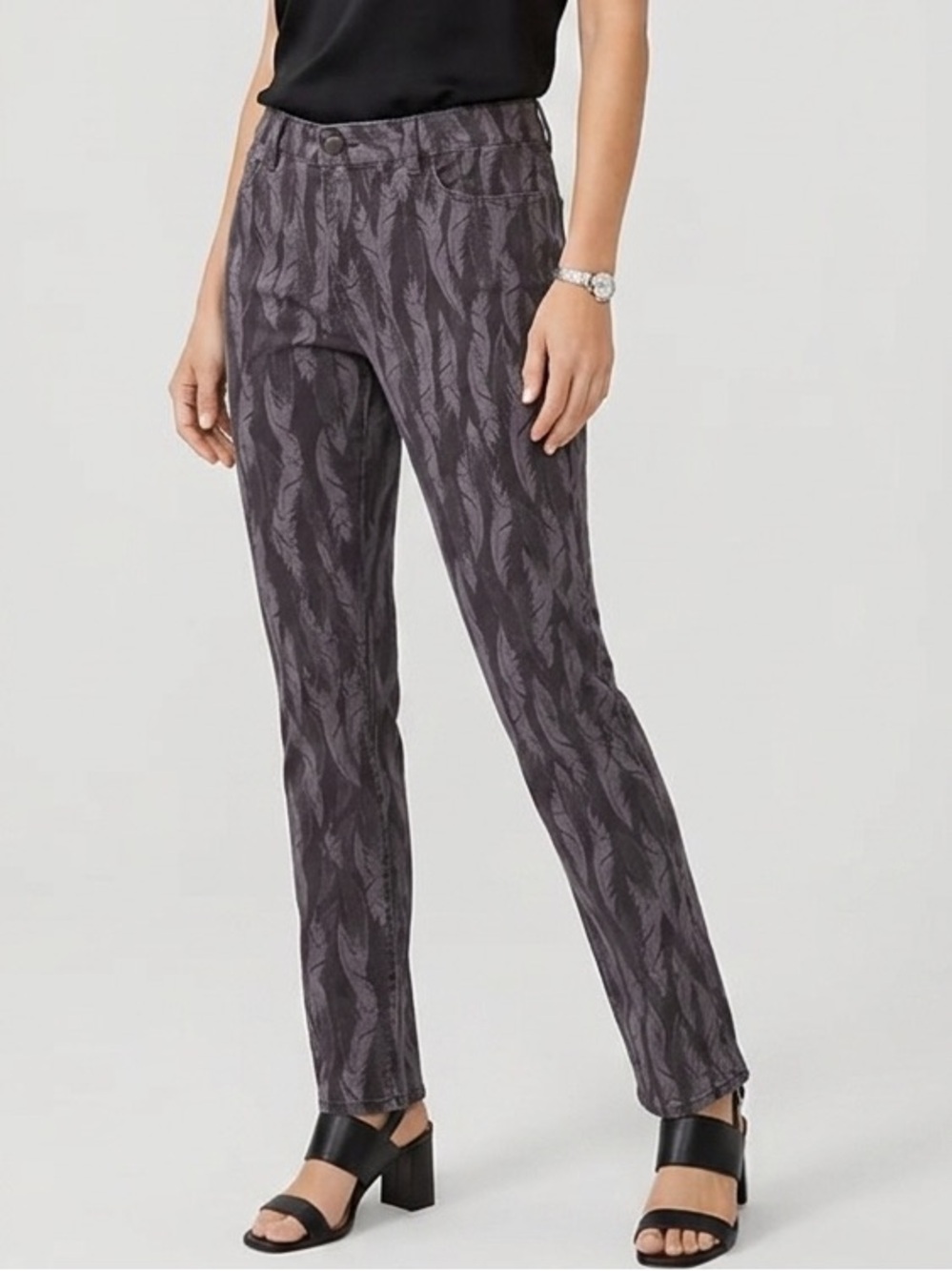 Ann Taylor Modern Slim Jeans Gray Black Feather Print 5-Pocket Denim 1787